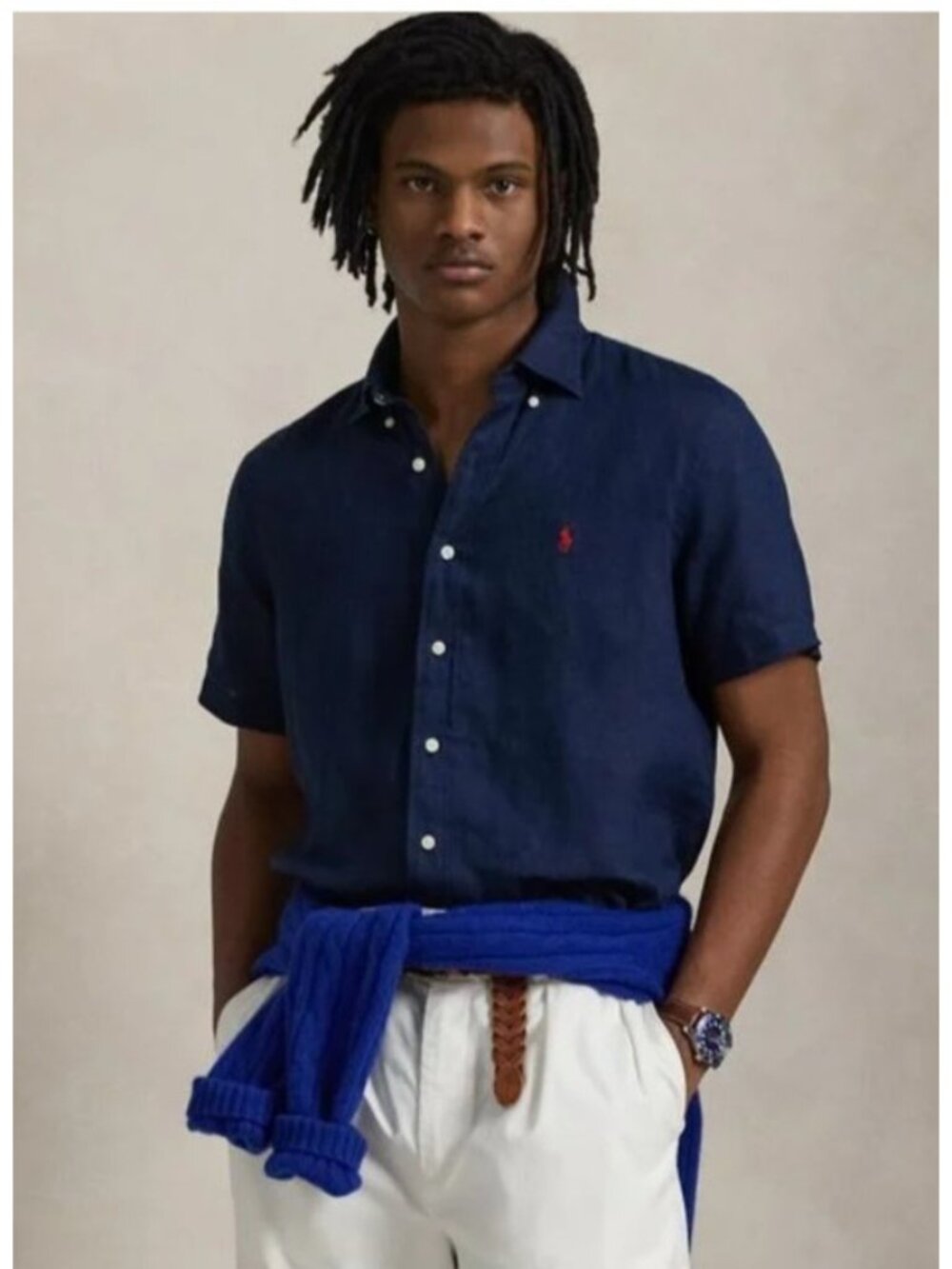 Polo Ralph Lauren Linen Shirt Men M Blue Short Sleeve Button Down Untucked Fit